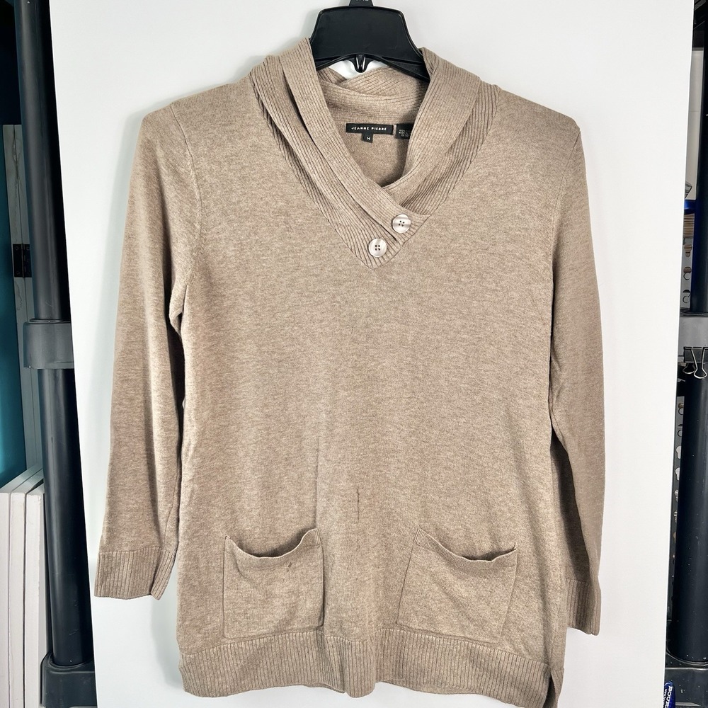 Jeanne Pierre Womens Sz M Light Brown Shawl Collar Neck Knit Sweater Pockets EUC